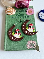 Wooden Toadstool Mushroom Crescent Moon Dangle Drop Earrings Forest Fairycore
