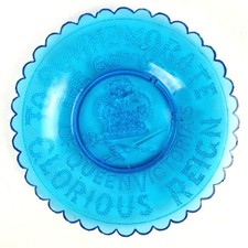 Striking 1897 Blue Glass Plate Queen Victoria Diamond Jubilee 60th Year 4.5"