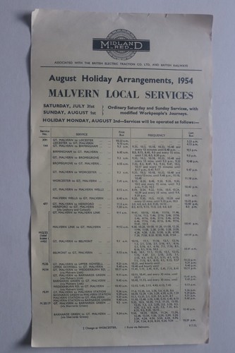 Midland red bus timetable - midland, 1954