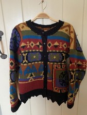 Vintage Wool Hand Women’s Chunky  knit Cardigan 38” Peruvian Pattern Black Multi