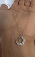 Elegant Gorgeous S925 Sterling Silver Necklace With Zirconia Star & Moon Pendant