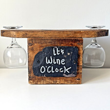 Wooden Wine Butler Two Glasses And Wine Bottle Holder Centre Piece Rustic Slate