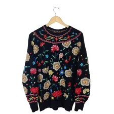 Zara Knit Womens Black Wool Blend Cottage Core Embroidered Jumper Size Medium