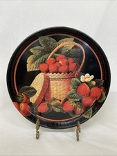Vintage Round Tin Serving Tray With Strawberries In Wooden Basket