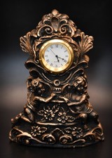 Ornate Baroque Revival Resin Clock - Aged Antique Gold Cherub Desk Timepiece 90s
