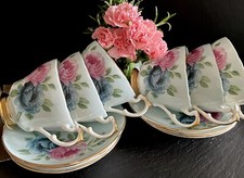 Vintage China Part Coffee Demitasse Tea Set Baby Blue Pink Roses Cups & Saucers