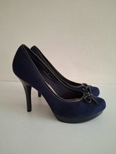 M&S Navy Blue Suede & Patent High Heel Court Shoes Bow Detail Platform UK6 EU39