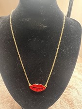 BUTLER & WILSON Signed Red Rhinestone Lips Necklace Gold Costume Jewellery