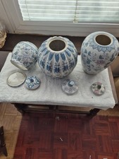 3Porcelain Jars W/ Lids All Have Various Cracks & Damage. See Photos for Details