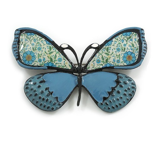 Blue cream enamel butterfly - blue/cream,