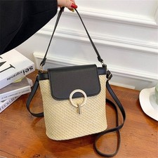 Women Wicker Handbag Totes Beach Straw Bucket Summer Bag Shoulder