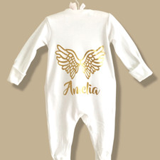 PERSONALISED metallic GOLD Angel Wings babygrow sleepsuit new baby gift ANY NAME