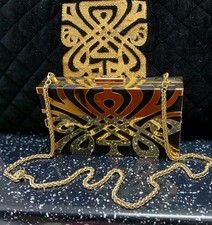 Biba Gold Black Iconic logo Metal Hard Case Clutch Bag & Chain Vintage Glamour.