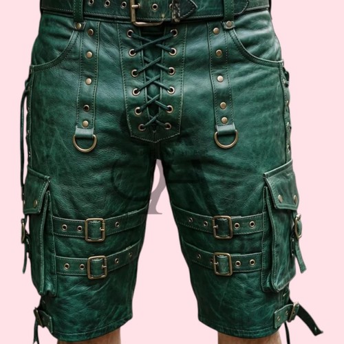 Men green leather - leather, shorts
