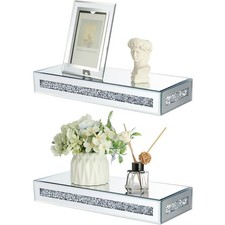 38cm Gorgeous Mirrored Floating Shelves Embedded Crystal Crushed Diamond Bedroom