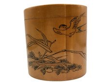 Vintage Chinese Tea Caddy Etched Bamboo Decorated with Birds HNA Oval Wood