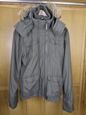 Superdry Windcheater Jacket Men M Khaki Hooded Fur Lined Triple Zip Coat Medium