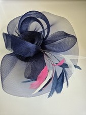 Blue Fascinator With Blue, Pink And Pale Cream Feathers And Comb Clip
