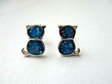 SMALL BLUE FIRE OPAL CAT STUD EARRINGS. SILVER PLATED  