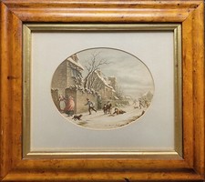 Original Walnut Framed Oval Antique LE BLOND Print Winter Cityscape Children