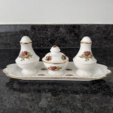 Royal Albert old Country Roses, Salt & Pepper Shaker ,Mustard Pot Tray NEW
