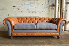 VINTAGE TAN BROWN LEATHER & GREY WOOL 3 SEATER CHESTERFIELD SOFA, COUCH, SETTEE