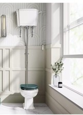 Traditional Toilet With High-Level Cistern and Midnight Green Wooden Seat