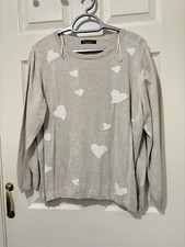 Bonmarche Oversize Fine Knit Pullover, Stone & White, Heart Design, L Fit 16