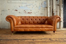 Handmade 3 Seater Vintage Tan Brown Aniline Leather Chesterfield Sofa, Settee