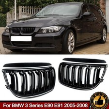 GLOSS BLACK TWIN SLAT FRONT KIDNEY GRILL GRILLE FOR BMW 3 SERIES E90 E91 05-08