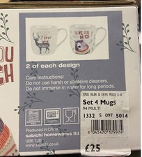 SABICHI : BEAR and DEER,  SET OF 4 CHRISTMAS MUGS RRP £25