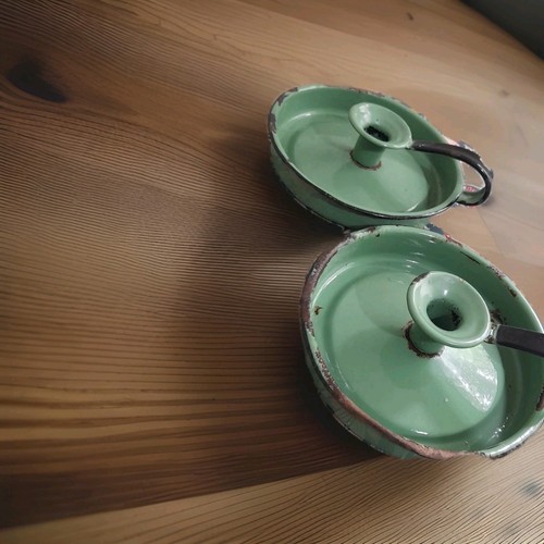 Pair vintage green enamel - pair,