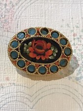 Micro Mosaic Brooch Vintage Glass Chip Pin Oval Rose Flower Italy 3cm
