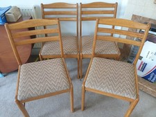 4 x Light Brown Wood Solid Dining Chairs, Wooden, Fabric Kitchen Dinner