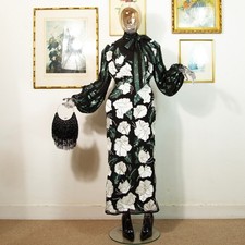 Vintage 1980s Black Emerald Sequin Evening Gown – High Neck, Puff Sleeves Size S