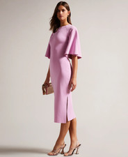 Ted Baker Midi Dress Womens TB2 UK 10 Lounia Lilac Knitted Bodycon Fluted Sleeve