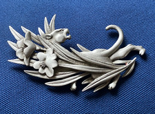 Lovely Art Deco Signed JJ Pewter Feline Brooch