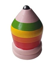 Wooden Spinning Top Pink With Metal Tip Multicolour Bands No String 6cm Length