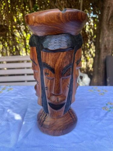 Faced hand carved wood head - wood,