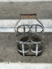 Vintage French Bottle Carrier 4 Bottle Crate – Galvanised Metal with Wood Handle