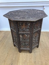 Large Anglo Indian Padouk Wood Folding Octagonal Side Table Intricately Carved