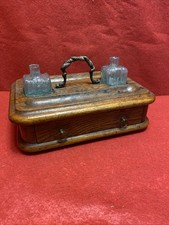 Antique Vintage Inkwell Double Wood Glass Desk Tidy Pen Rest Stand and Drawer