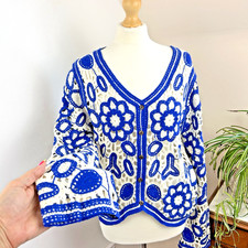 Wild Flower Crochet Cardigan Size M / L Blue Beige Open Knit Wide Sleeve