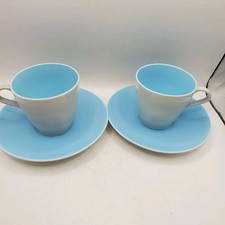2 x Vintage Poole Pottery Twintone Sky Blue Dove Grey Cups & Saucers Lovely Item