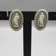 Wedgwood Earrings 1957  Green Marcasite Accents Silver Tone Clip-On