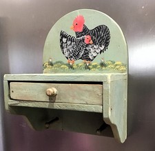 French Country Wooden Painted Wall Pocket Shelf Drawer & Key Holder. Chickens.