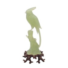 Antique Chinese Carved Jade Figural Bird On A Branch On Pedestal 