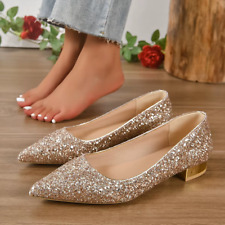 Gold Sequin Low Heels Shoes Pumps Womens Shiny Pointed Toe Party Footwear