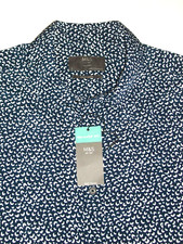 M&S Mens Short Sleeved Soft Touch Shirt in Navy with White Print Design Size L