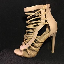 CHIC nude beige faux leather lace up strappy open toe stiletto shoes UK 6 NEW